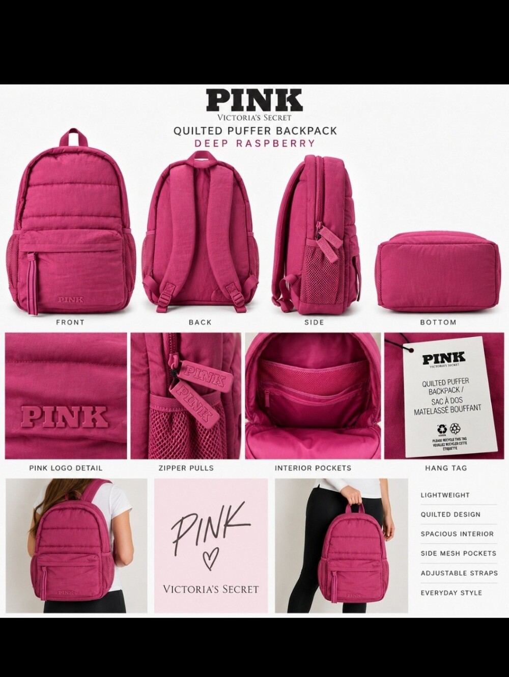 PINK Victoria's Secret Quilted Puffer Backpack - Raspberry Pink